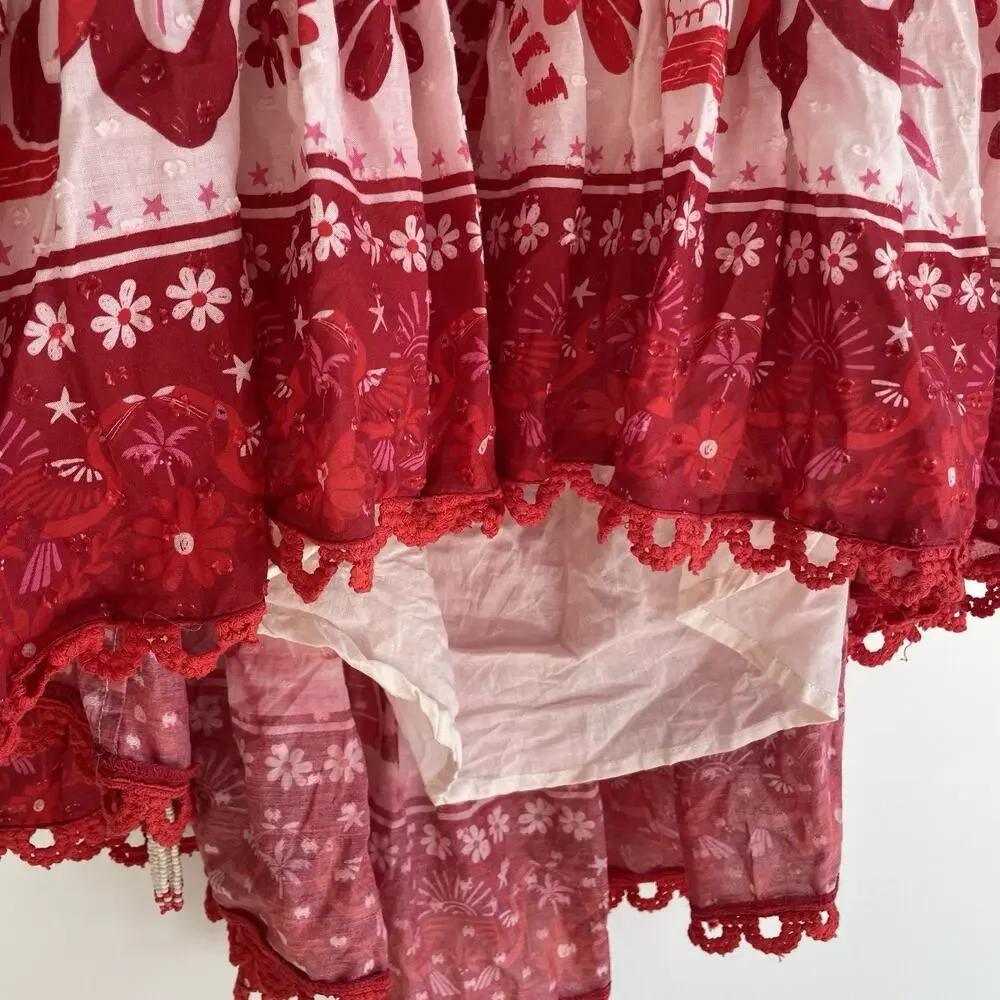 Farm Rio Tiles Red Floral Puff Sleeve Open Back Cotton Mini Sundress Size XL - Picture 3 of 5